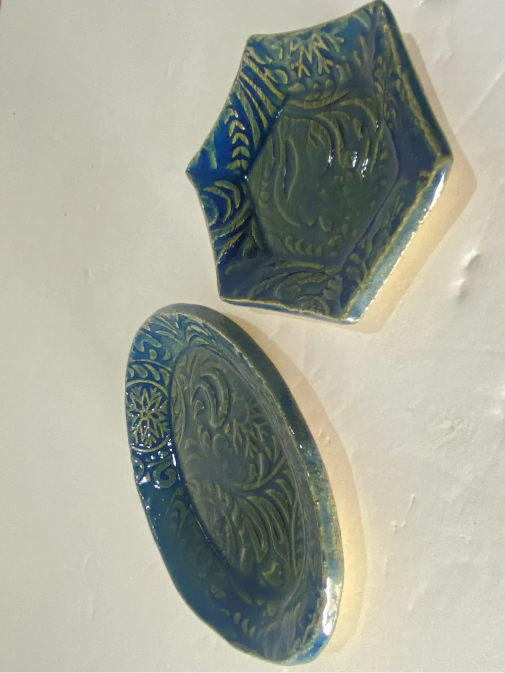 Handmade Pottery Trinket Dish Set of 2 Blue Floral Carved Ring Jewelry Small